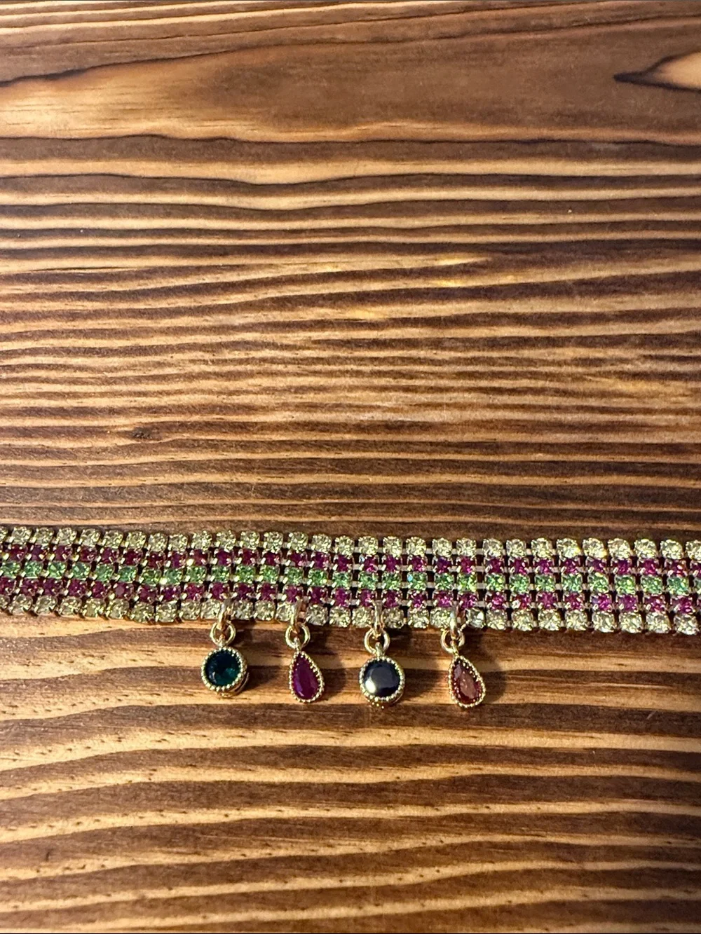 Gold-Tone Pink and Green Multi-Stone Bracelet with Dangle Charms